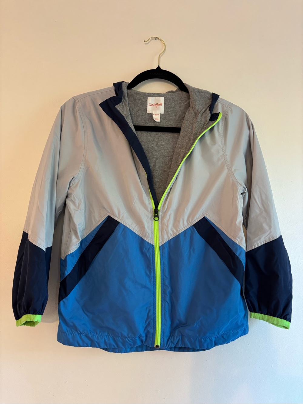 Cat & Jack Blue, Navy & Gray Hooded Rain Jacket with Neon Trim Size Medium 8-10